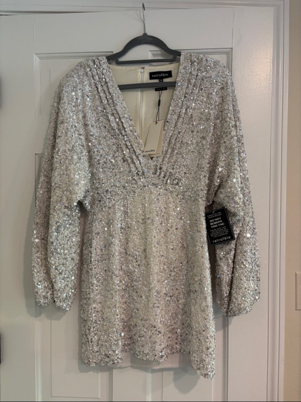 NWT Retrofete Silver Sequin V-Neck Mini Tunic Dress - Picture 2 of 5